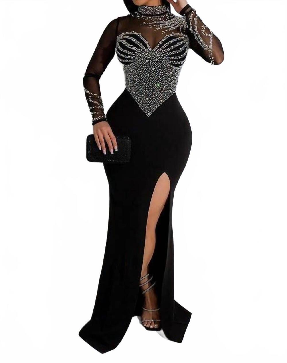 NEW ARIA ROMANCE embellished mesh high-slit maxi dress in black